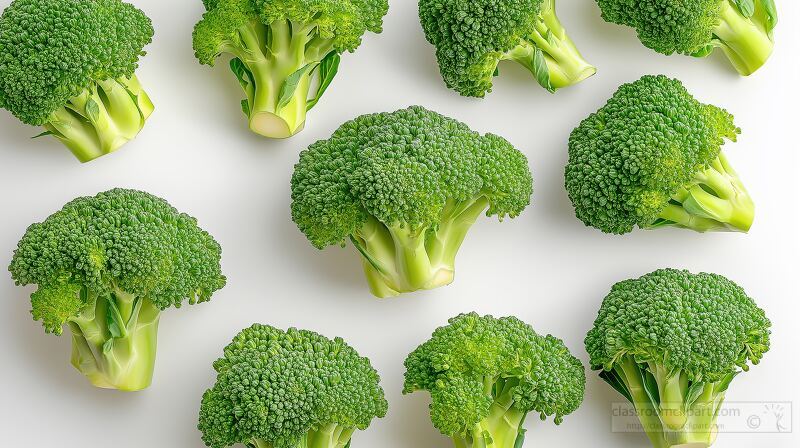 Vibrant green broccoli florets are beautifully arranged on a clean white background. This top view highlights the texture and richness of the vegetable inviting healthy eating.