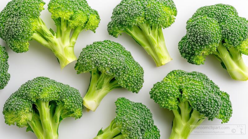 Vibrant green broccoli florets are beautifully displayed from a top view. The clean and simple white backdrop enhances the natural color and texture of the vegetable inviting healthy eating.