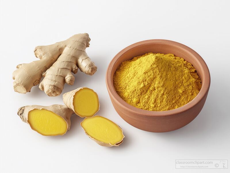 Whole knobby ginger roots are arranged beside a terra cotta bowl filled with bright golden ginger powder. The textures and colors highlight the spices natural beauty and versatility.