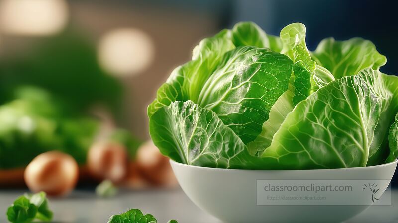 A bowl filled with fresh green cabbage sits prominently on a countertop surrounded by various vegetables like onions The lighting highlights the cabbages vibrant texture