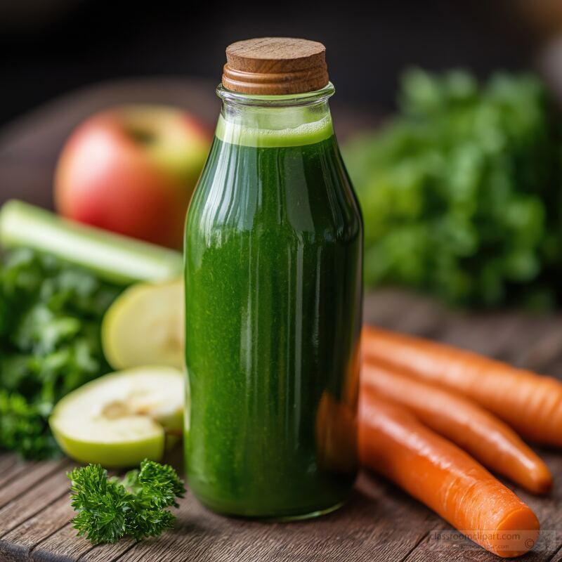 Fresh Green Juice Bottled on Wooden Table With Ingredients