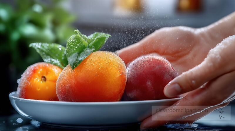 A hand gently washes fresh peaches on a plate water droplets glistening The kitchen setting features natural light and soft greenery in the background enhancing the fresh atmosphere