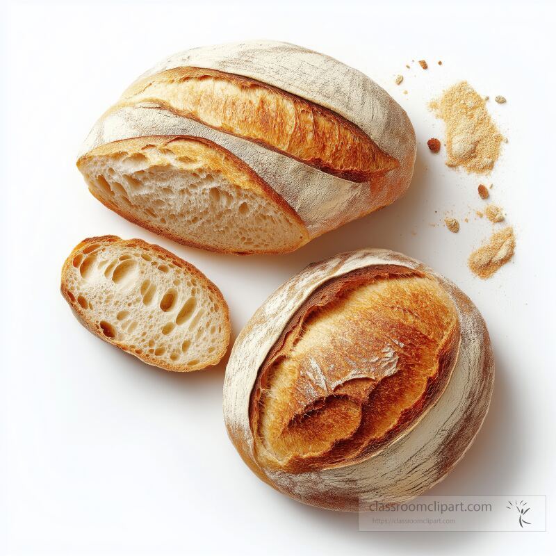 Rustic bread loaf rests on a clean white surface with one slice cut revealing its soft interior Crumbs are scattered nearby highlighting the freshness of the bread