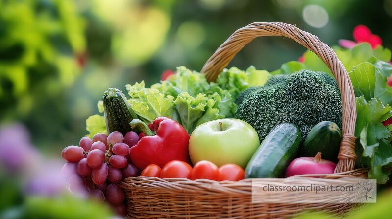 A woven basket holds an assortment of fresh produce including a green apple tomatoes cucumbers broccoli and leafy greens The vibrant colors create an appealing and natural look