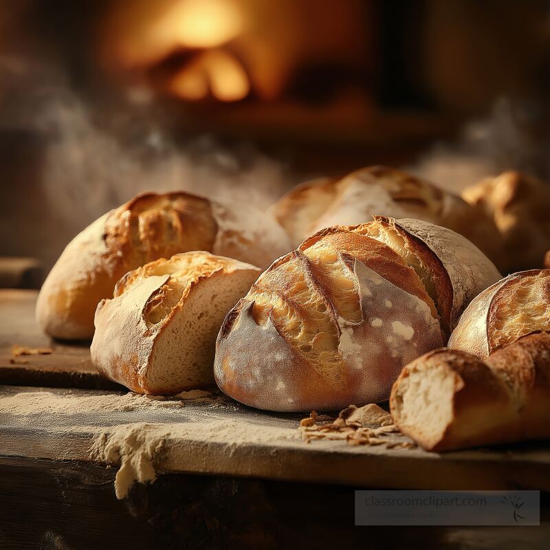 A variety of freshly baked artisan breads rests on a wooden table emitting steam in a warm inviting atmosphere The cozy setting enhances the breads inviting aroma