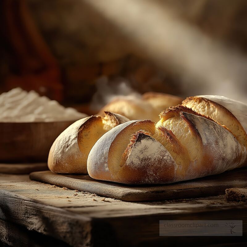 Warm artisan bread rests on a wooden surface golden crust visible under soft lighting A bowl of flour sits nearby enhancing the cozy bakery ambiance