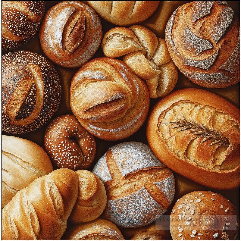 Various types of bread are arranged closely together showcasing an assortment of textures and shapes Different styles include rolls loaves and buns in rich golden hues