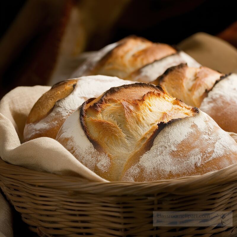 Warm crusty loaves of bread sit in a woven basket lined with cloth The golden crust reflects the soft light inviting the viewer to enjoy freshly baked goodness