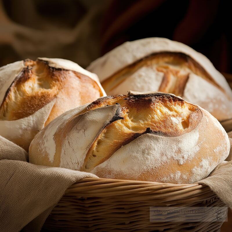 Three crusty loaves of bread rest together in a woven basket lined with cloth The warm tones create a cozy atmosphere perfect for enjoying fresh baked goods