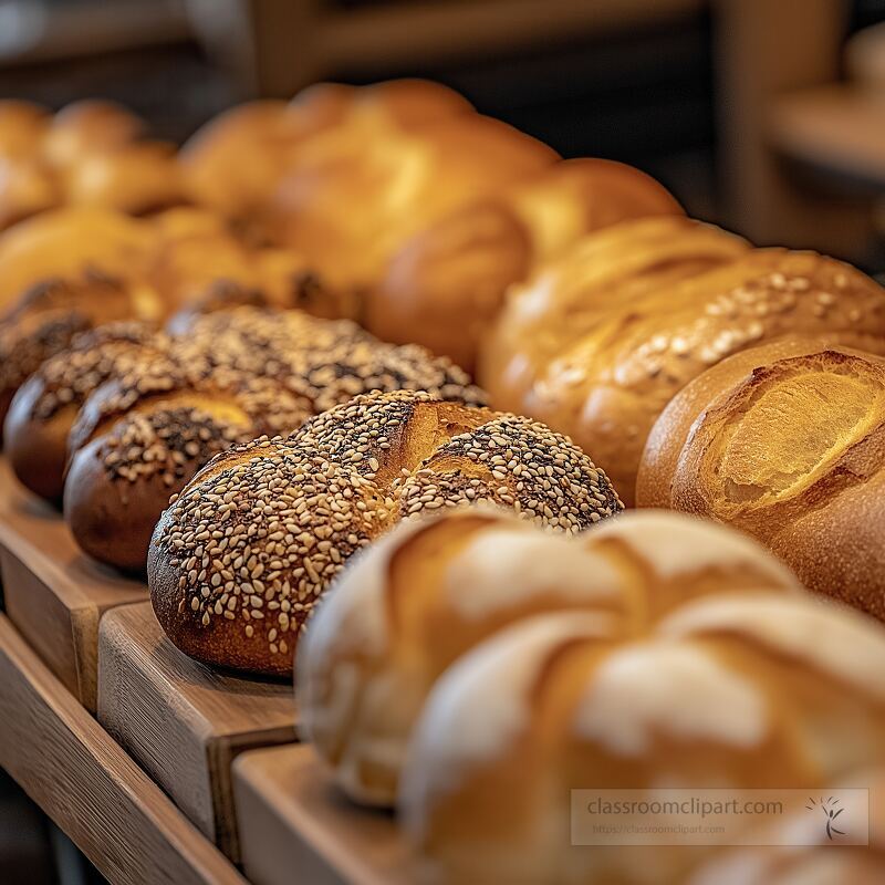 A variety of gourmet breads lined up on a wooden display showcasing different textures and toppings This scene captures the essence of a bakery filled with rich aromas and fresh delights