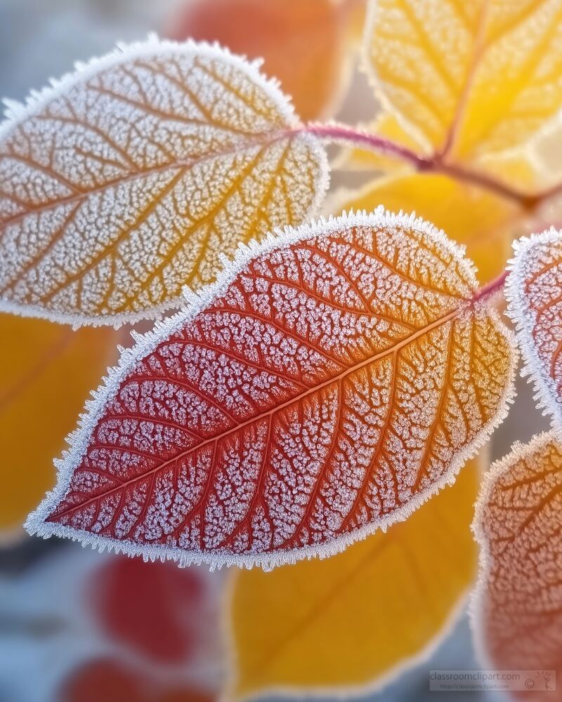 Vibrant leaves in shades of red and yellow are adorned with frost and tiny snowflakes. The chilly atmosphere adds a magical touch to the autumn foliage highlighting seasonal beauty.