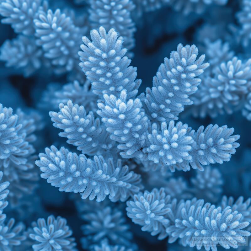 Delicate frosty patterns on blue foliage create a mesmerizing texture. The intricate details reflect the beauty of winter in a serene natural environment.