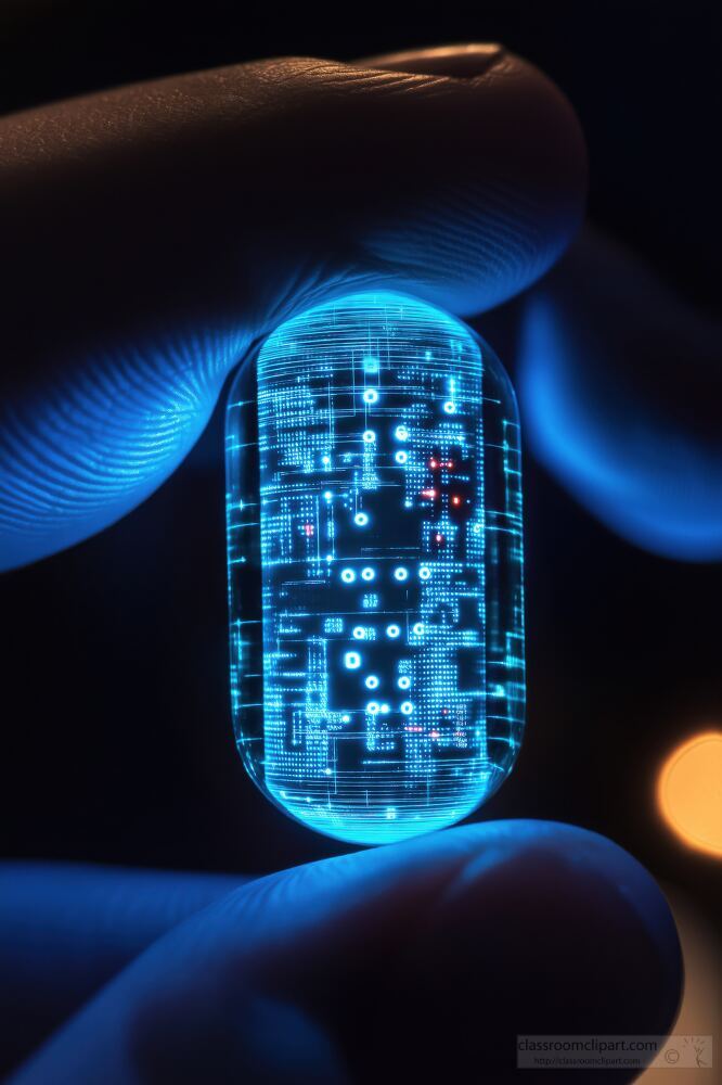 A human hand grips a radiant capsule glowing with intricate blue circuitry patterns, illuminated against a dark background, evoking a sense of advanced technology and innovation.