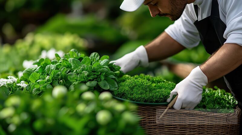 A skilled gardener is carefully arranging a variety of fresh herbs in a lush garden of a luxury hotel