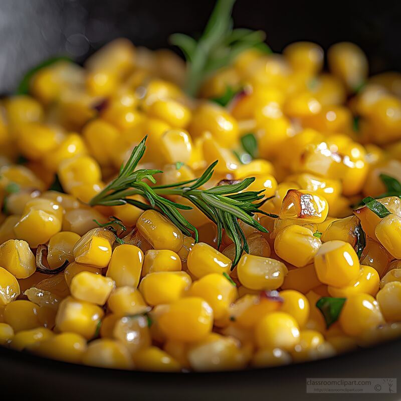 Golden corn kernels are enhanced with butter and honey nestled in a cast iron skillet. Fresh herbs provide vibrant greens all glowing in warm inviting light.