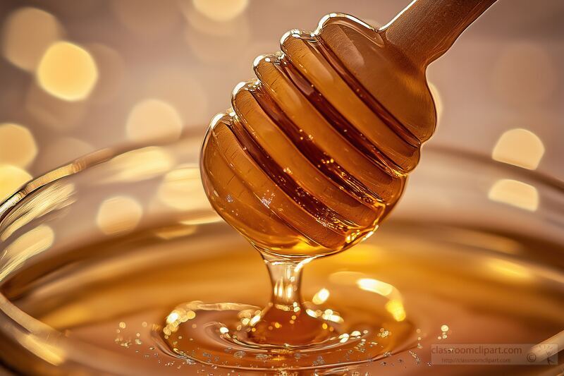 Mesmerizing ribbons of golden honey cascade from a wooden dipper into a glass jar showcasing its rich hues and captivating textures. Air bubbles add dimension to the viscous liquid.