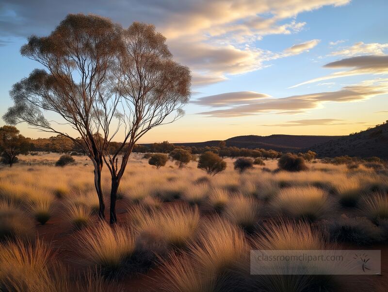 A tranquil evening unfolds in the South Australian outback as golden grasses sway gently in the breeze. A lone tree stands proudly against a backdrop of vibrant clouds at sunset.