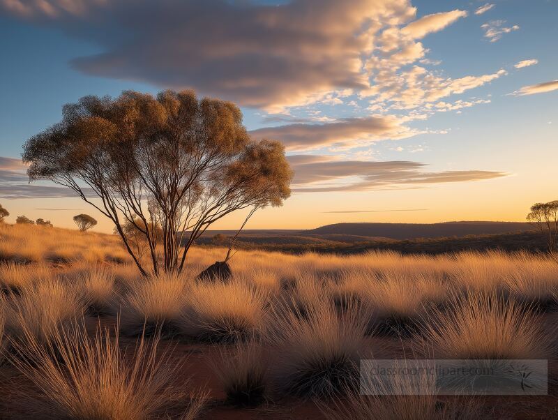 As dusk settles in the South Australian outback, a lone tree stands amidst the golden grasses. The sky transforms with shades of orange and purple, creating a tranquil atmosphere.