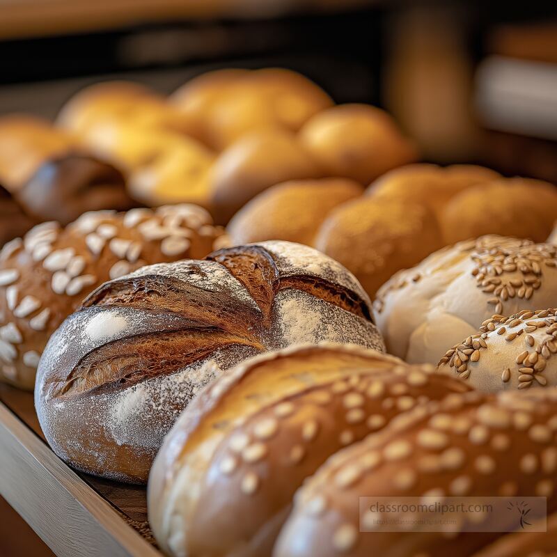 Freshly baked artisan breads are arranged beautifully on a wooden display Each loaf features unique textures and toppings inviting customers to enjoy a warm treat