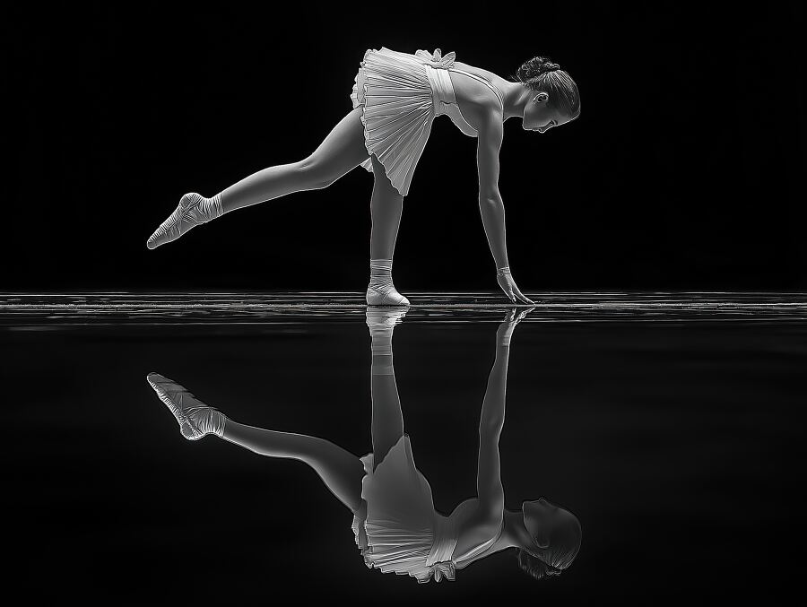 A young dancer elegantly balances on one foot with her hand reaching towards a reflective surface The dramatic black and white setting enhances her poised form and delicate attire