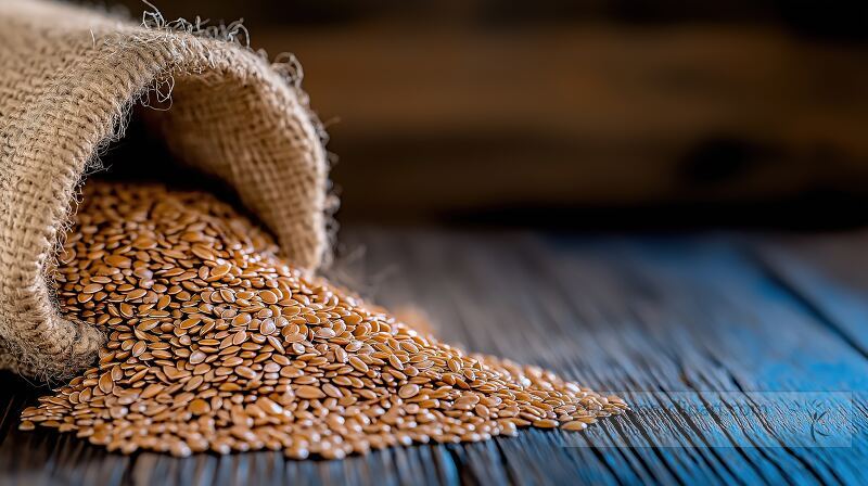 A burlap sack is tipped over spilling golden grains onto a rustic wooden table The texture of the grains contrasts with the rough fabric and smooth wood creating a warm atmosphere