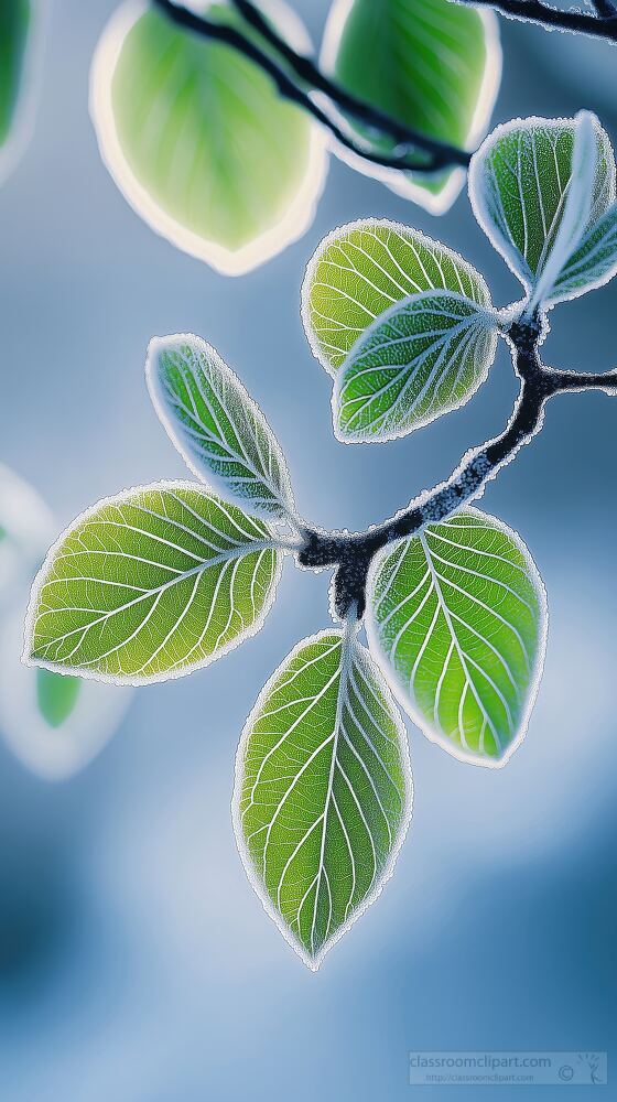 A branch with vibrant green leaves stands out against a smooth white snow covered ground. The crisp winter air highlights the leaves