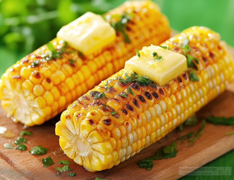 Flavorful grilled corn cobs await enjoyment adorned with melting butter and fresh herbs. Set against a light green backdrop they offer a refreshing culinary delight perfect for summer.