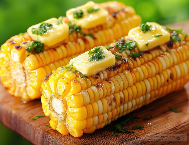 Freshly grilled corn cobs generously topped with melting butter and vibrant herbs rest on a rustic wooden board against a light green backdrop that enhances their appetizing appeal.