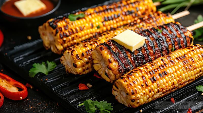 Deliciously grilled corn cobs topped with melting butter are served on a rustic wooden table. Perfect for a summer barbecue these cobs promise an unforgettable taste experience.