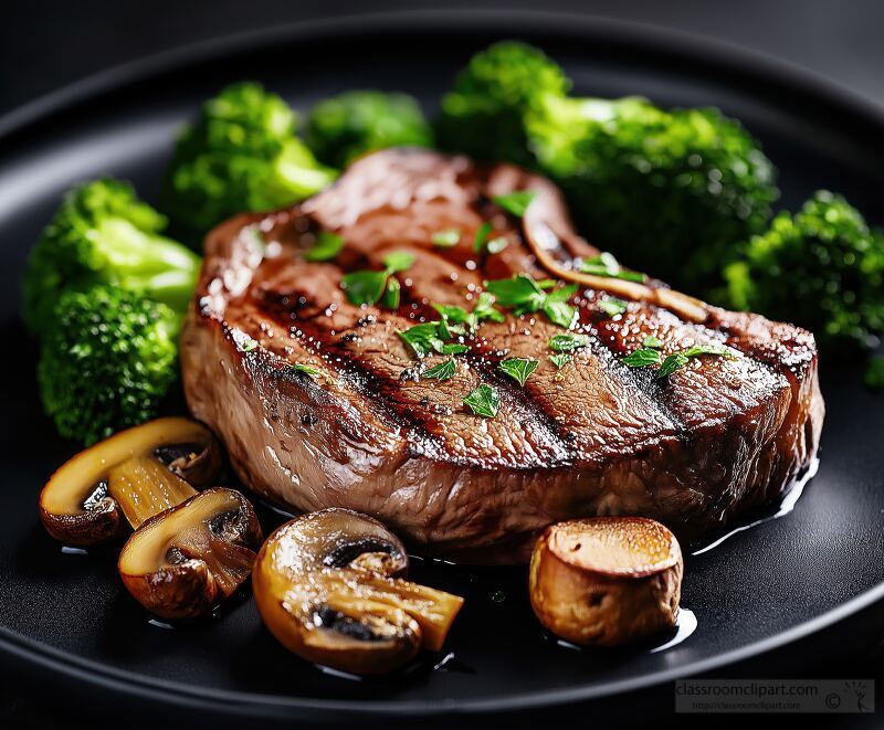 Succulent grilled steak sits on a black plate showcasing rich juices and grill marks. Surrounded by sautéed mushrooms and vibrant broccoli this dish is a feast for the eyes and palate.