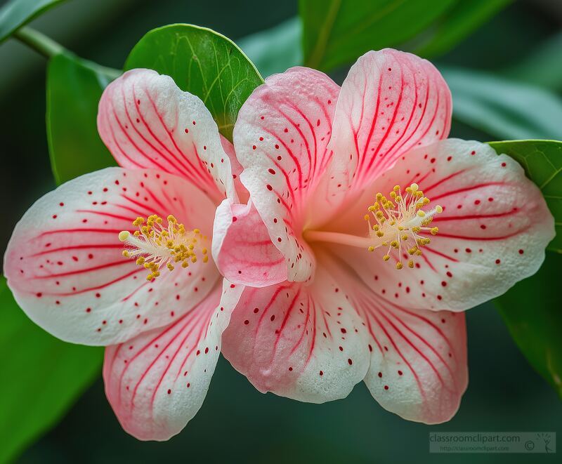 In close up two guava flowers showcase their pink and white petals adorned with red stripes. Dense yellow stamens and green leaves complement their delicate beauty.