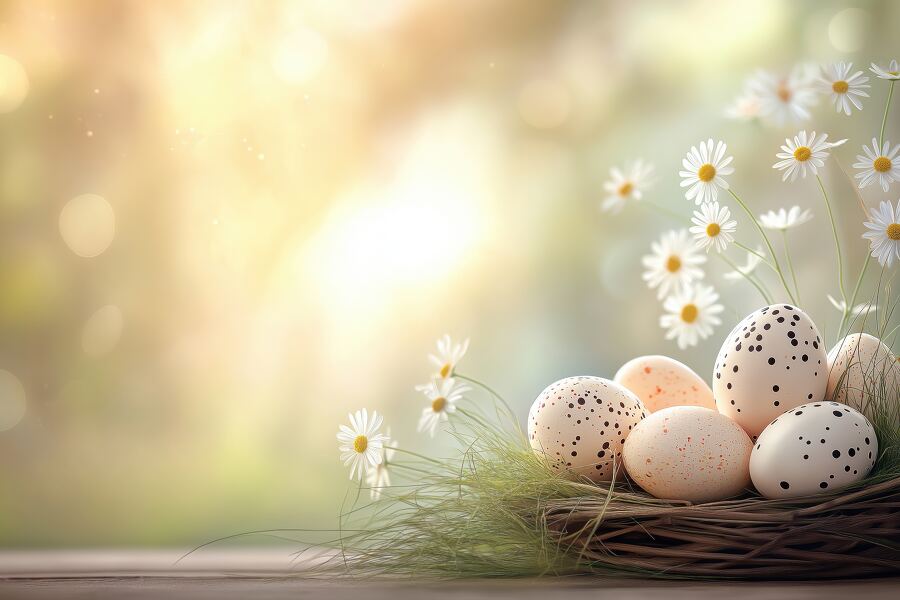 Colorful easter eggs sit in a nest surrounded by flowers under soft light