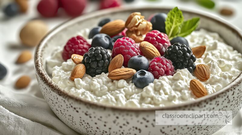 A bowl holds a creamy mix of cottage cheese topped with fresh raspberries blueberries blackberries and almonds This nutritious meal is perfect for breakfast or a snack