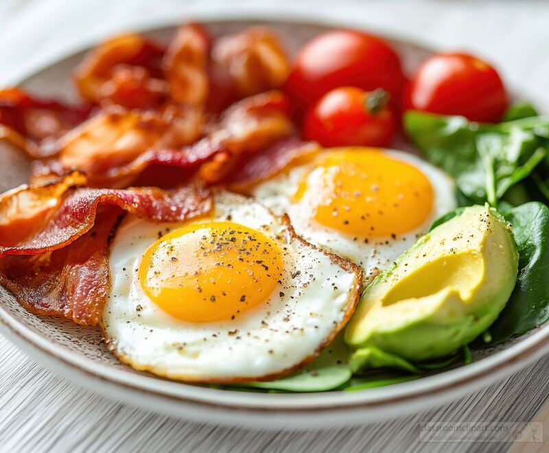 Enjoy a colorful breakfast plate featuring sunny side up eggs crispy bacon fresh tomatoes creamy avocado and vibrant spinach on a rustic dish. Perfect for a cozy morning.