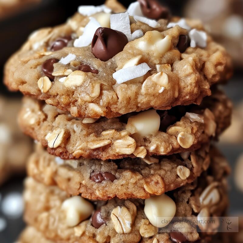 Freshly baked cookies made with unsalted butter oats and chocolate chips are piled together showcasing a delicious treat ideal for celebrations or everyday indulgence