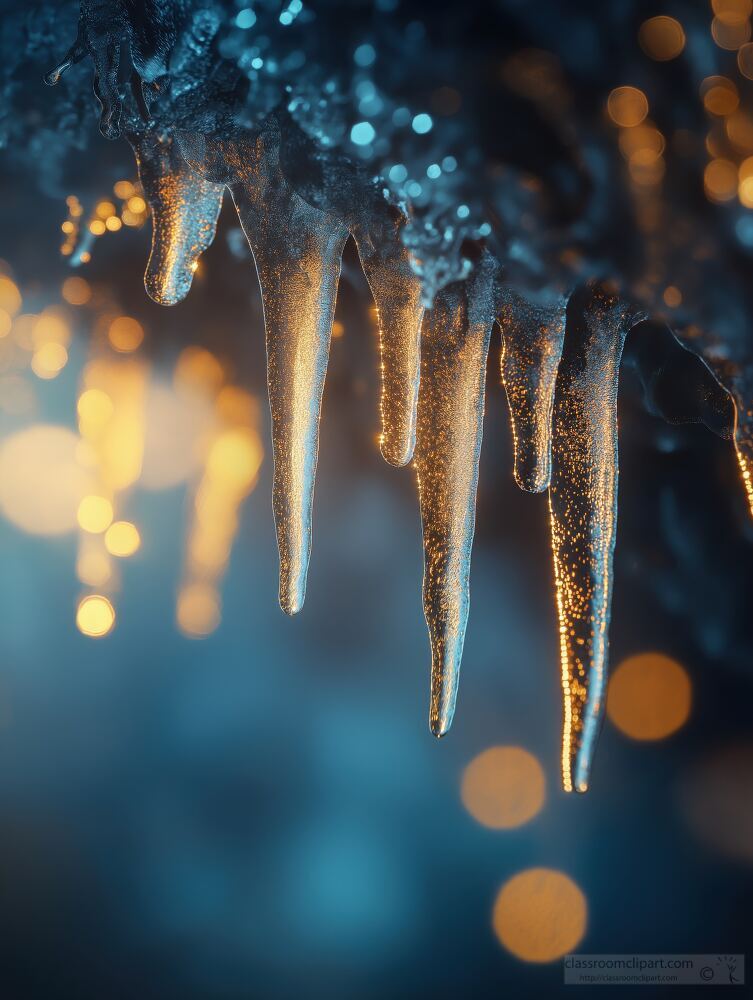 Lovely icicles dangle from a frozen surface, reflecting warm, soft light. The blend of icy textures and glowing bokeh creates a magical winter ambiance.