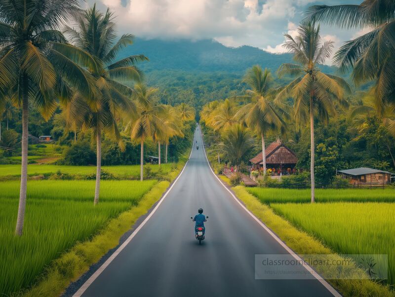 Winding asphalt road leads through lush green rice paddies, framed by tall palm trees. Local scooters travel alongside charming homes dotting the landscape under a cloudy sky.