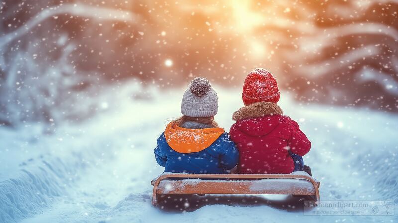 Two cheerful children enjoy sledding down a snowy path during winter in Eastern Europe. Soft snowflakes fall gently around as they embrace the thrill of the season.