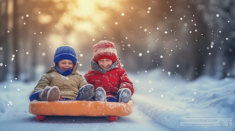 Two children wearing colorful winter clothing ride a sled down a snowy path. Surrounding trees are dusted with snowflakes creating a magical winter atmosphere.