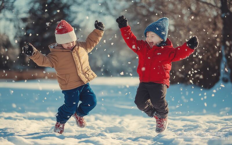 Two boys enjoy a delightful winter day outdoors wearing colorful coats and boots. They play joyfully in the snow twirling and laughing as snowflakes gently fall around them.