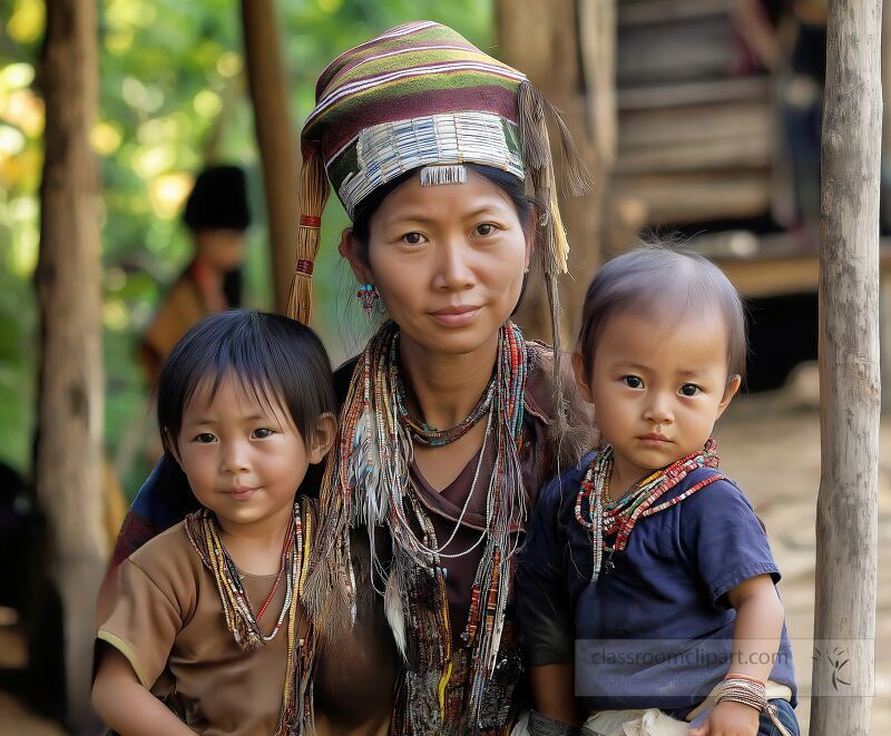 A woman from the Karen Tribe proudly holds her two young children adorned in traditional clothing and jewelry in their village in Thailand The lush greenery surrounds them