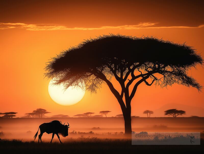 A lone wildebeest walks through the dusty plains at dusk, its silhouette stark against the vibrant orange sky and glowing sun, creating a serene and contemplative atmosphere.