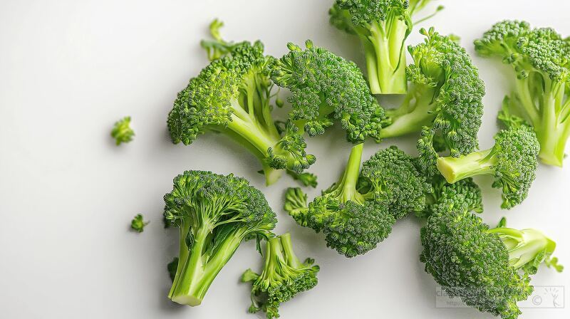 Fresh broccoli florets are artistically scattered on a clean white background showcasing their vibrant green color and unique textures. Perfect for culinary inspiration or healthy eating ideas.