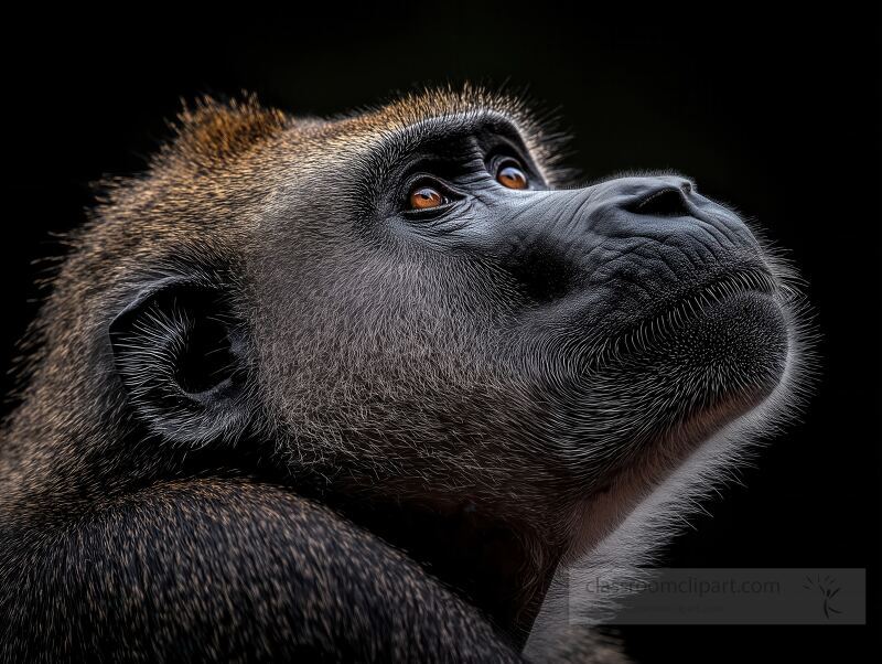 A striking baboon gazes upward with an intense expression, highlighting its expressive eyes and rich fur details. This moment captures the essence of curiosity and contemplation in wildlife.