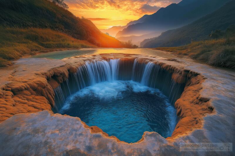 In the heart of Guizhou a stunning waterfall flows with vibrant blue water creating a crystal clear pool. A warm colorful sky enhances the breathtaking scenery at sunset.