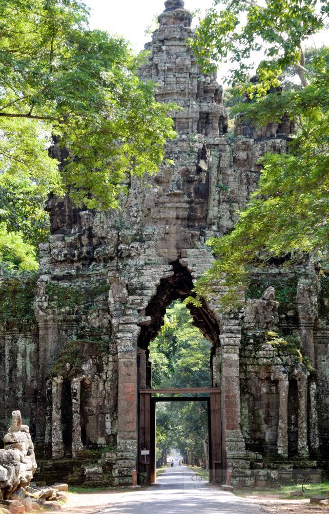 Explore the breathtaking stone gateway of Angkor Wat in Siem Reap where ancient architecture meets lush greenery. The sunlight filters through tall trees illuminating this historic marvel.