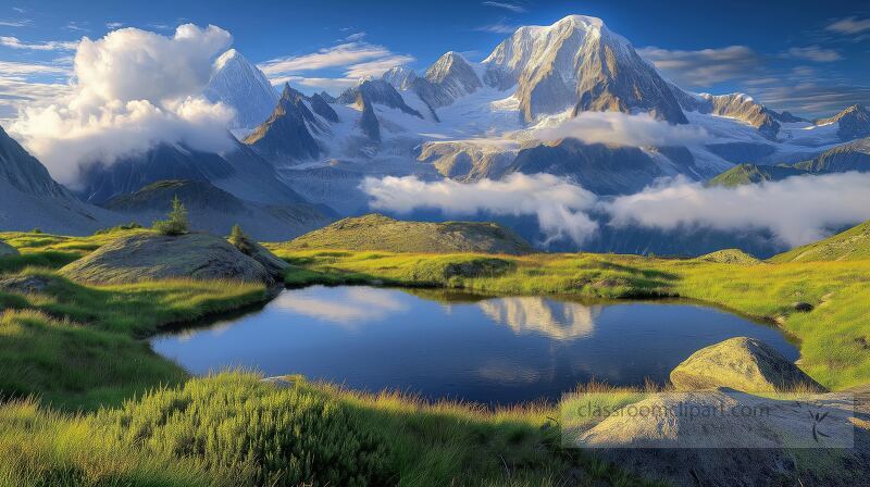 Glorious summer day at Mont Blanc Massif showcases lush green meadows and serene reflections in a tranquil lake surrounded by towering peaks and gentle clouds.