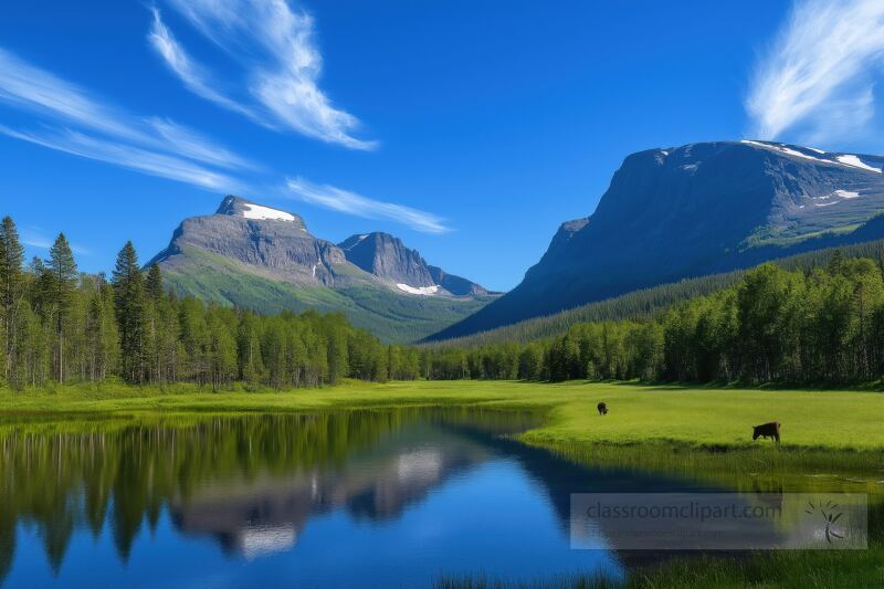 A tranquil landscape showcases towering mountains reflecting on calm waters. Lush greenery surrounds the lake, while gentle clouds drift overhead, creating a peaceful atmosphere.