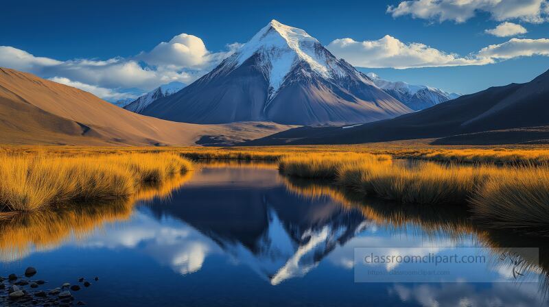 Golden grasses border a tranquil river as towering mountains rise majestically, their snowy peaks contrasting against the vibrant blue sky during a perfect afternoon in nature.