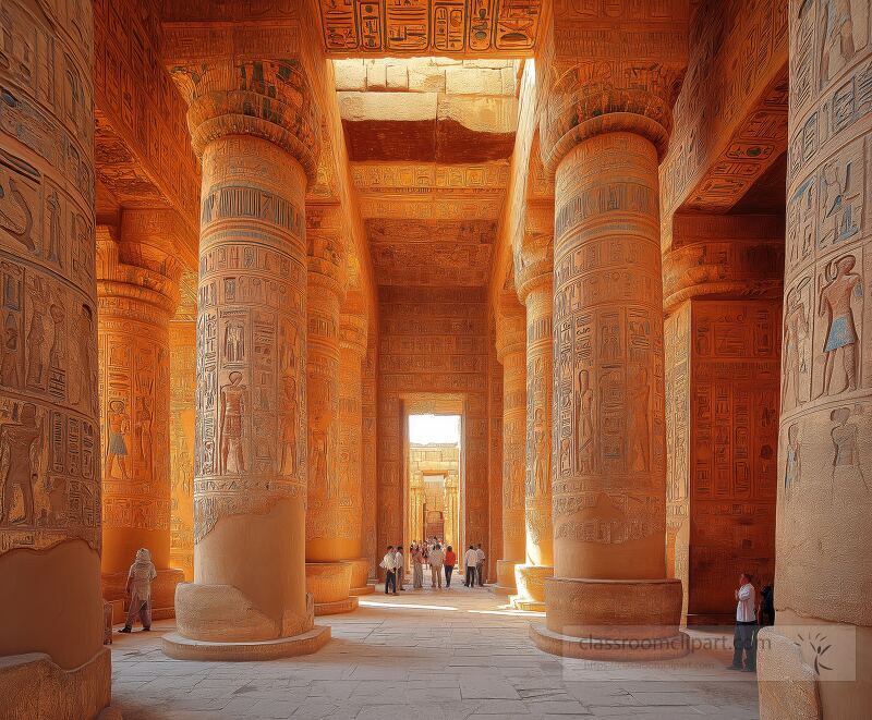 Visitors marvel at towering sandstone columns filled with intricate hieroglyphs in the grand hypostyle hall of Karnak Temple beautifully illuminated by warm sunlight